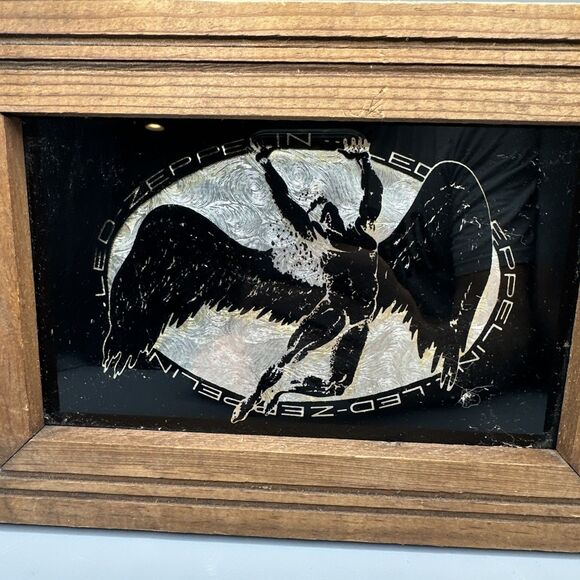 Vintage Led Zeppelin Carnival Prize Glass Mirror Man Cave Barware Wood Frame - Picture 2 of 5